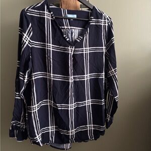 128.) Penmans / ptp 25.5” / Plaid Navy and White Plaid Blosue